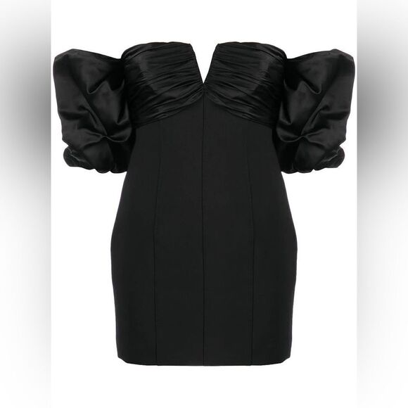 CINQ A SEPT Teo Off Shoulder Puff Sleeve Mini Dress Satin Crepe Black - Picture 2 of 10